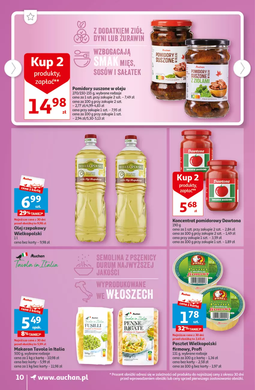 Gazetka promocyjna Auchan - Gazetka TANIE zakupy Supermarket Auchan - ważna 24.08 do 30.08.2023 - strona 10 - produkty: Dawtona, Makaron, Olej, Olej rzepakowy, Pasztet, Pomidory