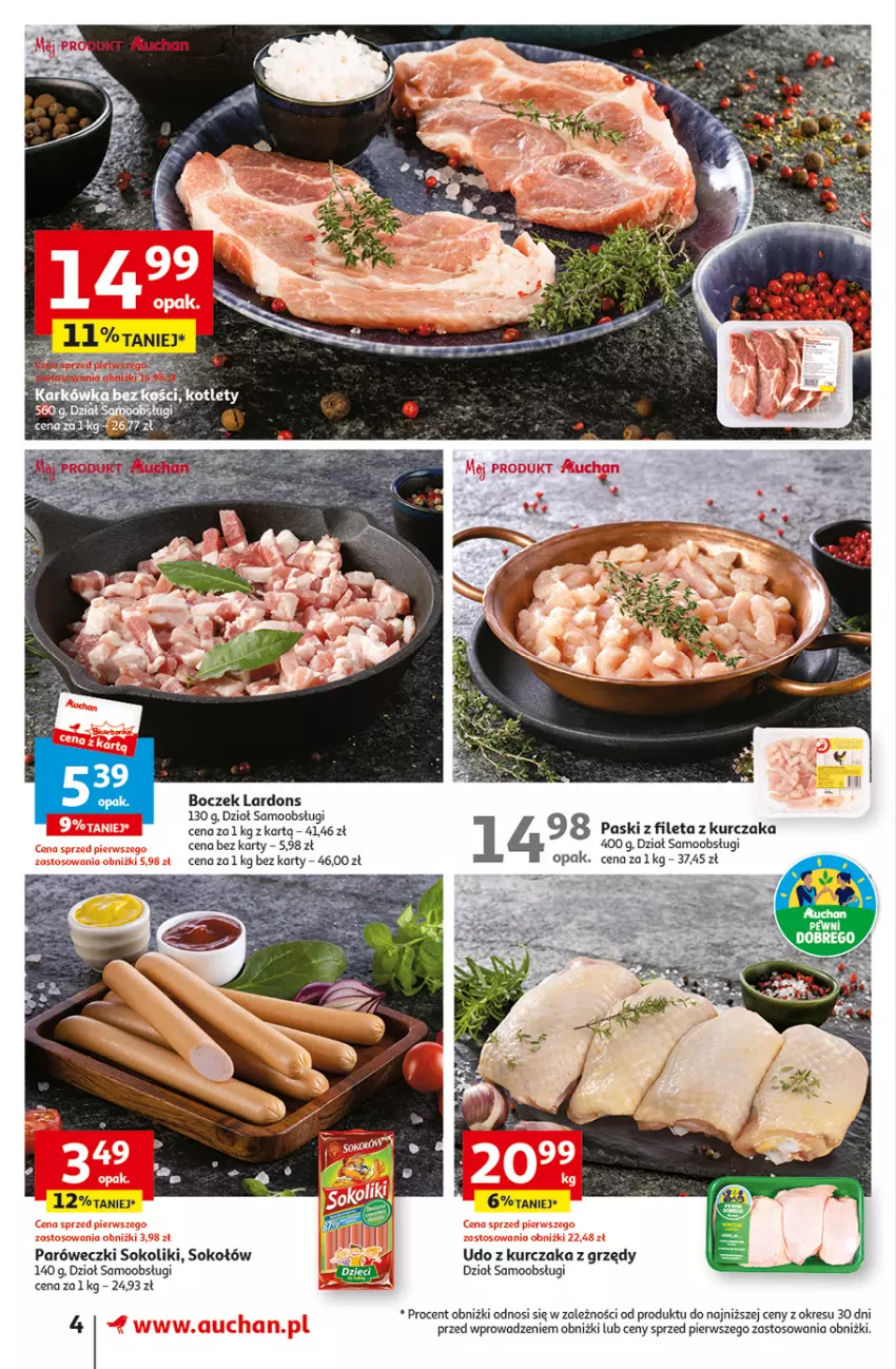 Gazetka promocyjna Auchan - Gazetka TANIE zakupy Supermarket Auchan - ważna 24.08 do 30.08.2023 - strona 4 - produkty: Boczek, Kurczak, Sok, Sokołów, Udo z kurczaka