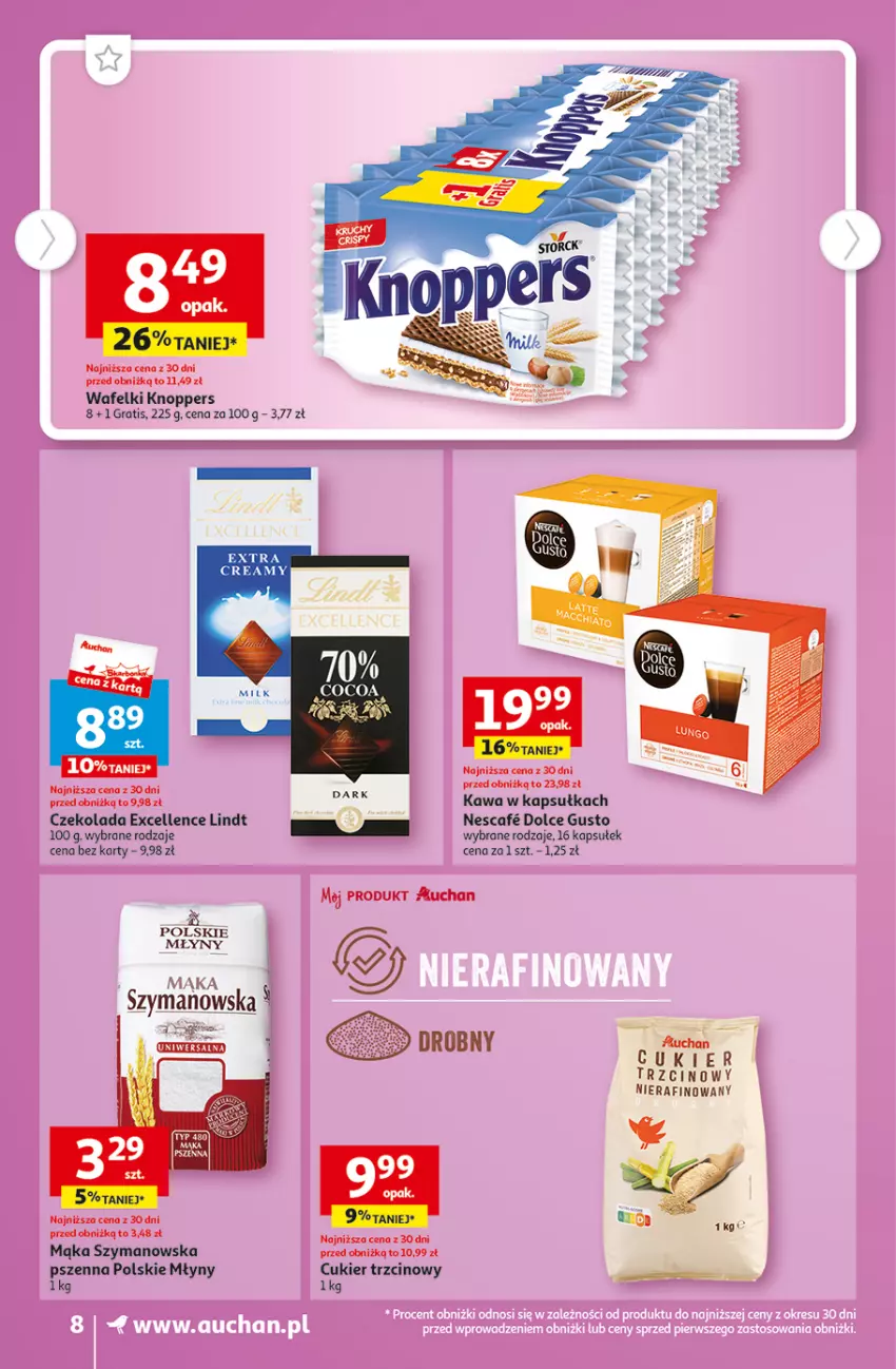 Gazetka promocyjna Auchan - Gazetka TANIE zakupy Supermarket Auchan - ważna 24.08 do 30.08.2023 - strona 8 - produkty: Cukier, Cukier trzcinowy, Czekolada, Dolce Gusto, Gra, Kawa, Knoppers, Lindt, Mąka, Polskie Młyny