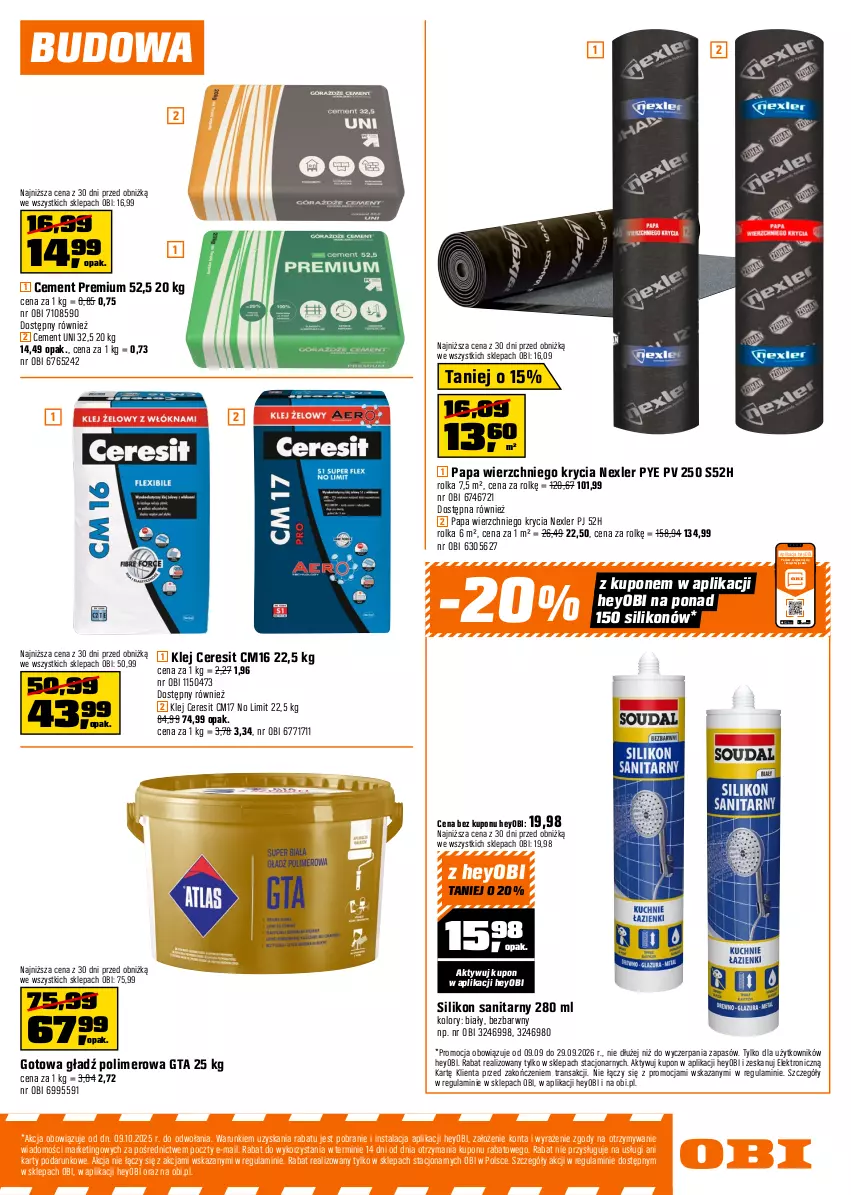 Gazetka promocyjna Obi - Gazetka OBI - ważna 09.09 do 29.09.2026 - strona 15 - produkty: Cement, Ceresit, Gładź polimerowa, Klej, Silikon sanitarny, Tran