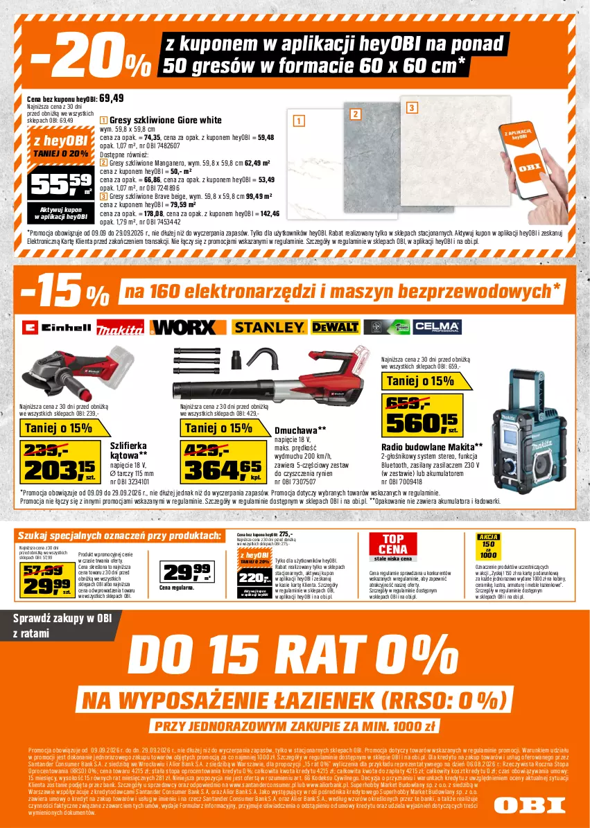 Gazetka promocyjna Obi - Gazetka OBI - ważna 09.09 do 29.09.2026 - strona 16 - produkty: Akumulator, Fa, Głośnik, Gres, Hobby, Kosz, Makita, Meble, Meble łazienkowe, Silan, Sok, Sprzedawcy, Szlifierka, Top, Tran