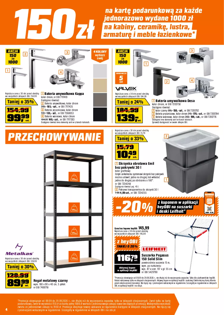 Gazetka promocyjna Obi - Gazetka OBI - ważna 09.09 do 29.09.2026 - strona 4 - produkty: Asus, Bateria, Bateria prysznicowa, Bateria umywalkowa, Bateria wannowa, Gra, Meble, Meble łazienkowe, Pokrywa, Regał, Regał metalowy, Ser, Sok, Suszarka, Suszarki, Tran