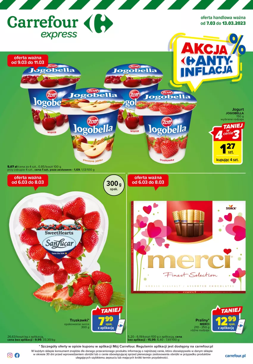 Gazetka promocyjna Carrefour - Gazetka Express - ważna 07.03 do 13.03.2023 - strona 1 - produkty: Bell, Bella, Jogobella, Jogurt, Kosz, Merci, Piec, Praliny, Ser, Truskawki