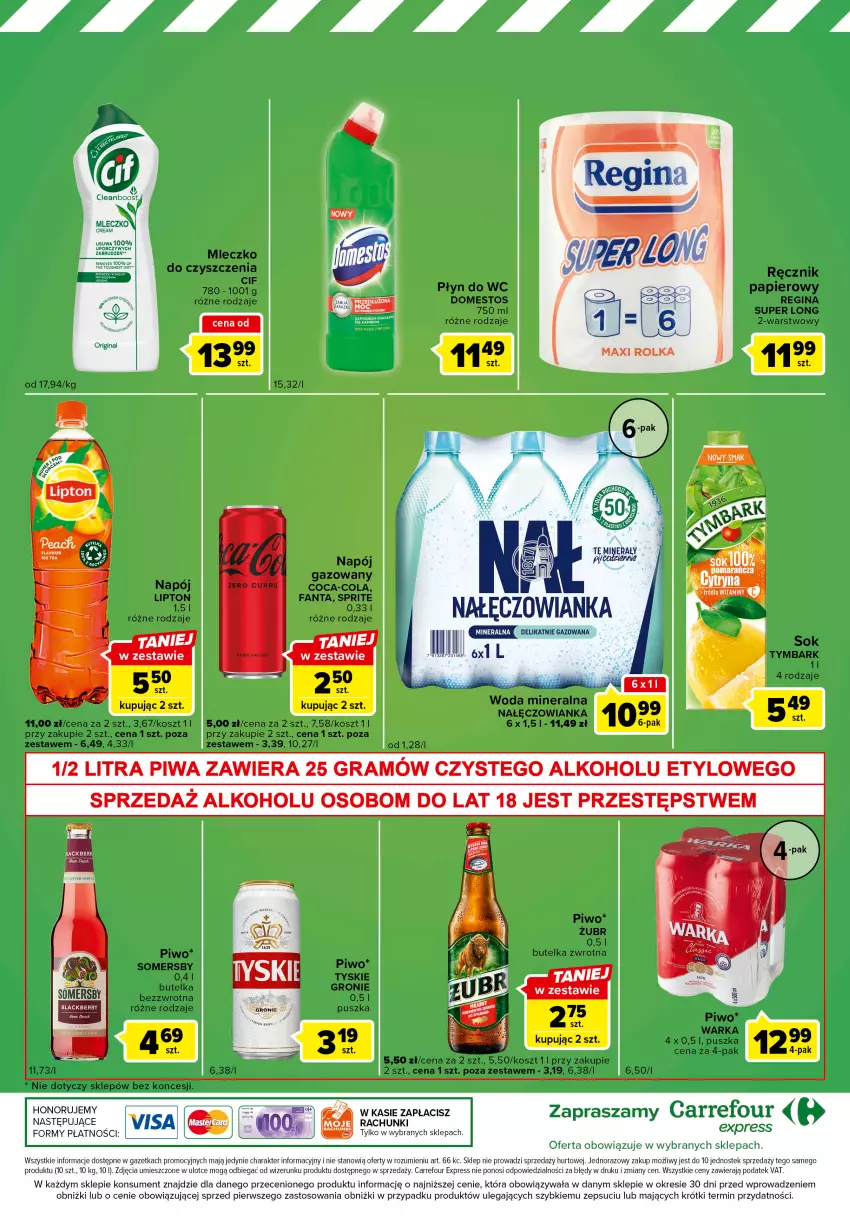 Gazetka promocyjna Carrefour - Gazetka Express - ważna 07.03 do 13.03.2023 - strona 6 - produkty: Cif, Coca-Cola, Domestos, Fa, Fanta, Gin, Gra, Kosz, Lipton, Mleczko, Nałęczowianka, Napój, O nas, Papier, Piwa, Piwo, Płyn do wc, Ręcznik, Sok, Somersby, Sprite, Stek, Tyskie, Warka, Woda, Woda mineralna