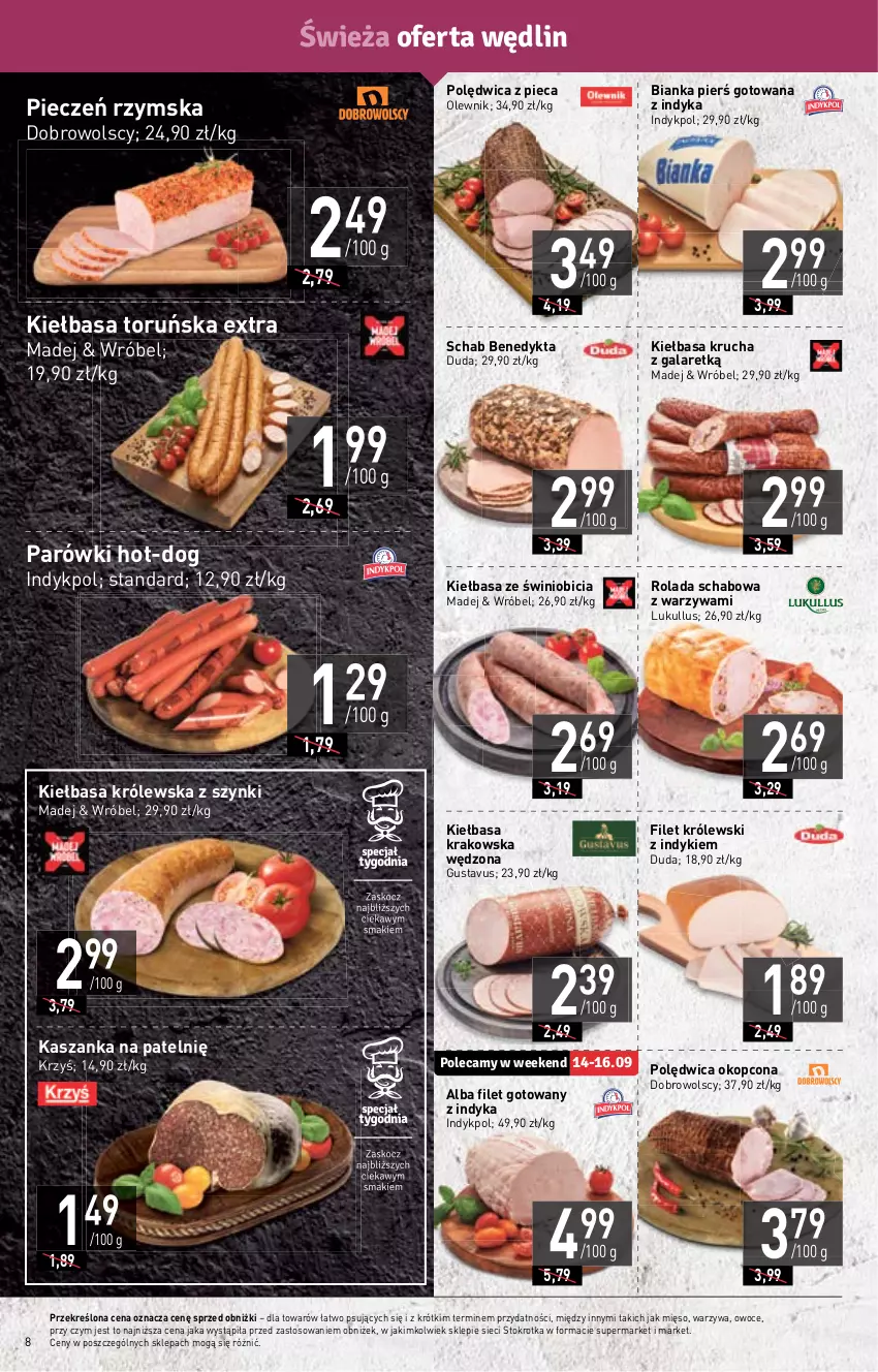 Gazetka promocyjna Stokrotka - Supermarket - ważna 14.09 do 20.09.2023 - strona 12 - produkty: Bianka, BIC, Duda, Gala, Kasza, Kaszanka, Kiełbasa, Kiełbasa krakowska, Kiełbasa krucha, Królewski, Mięso, Olewnik, Owoce, Parówki, Piec, Pieczeń rzymska, Polędwica, Rolada, Schab Benedykta, Warzywa