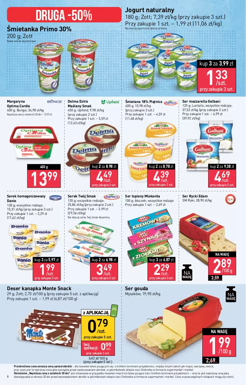 Gazetka promocyjna Stokrotka - Supermarket - ważna 14.09 do 20.09.2023 - strona 15 - produkty: Aksam, Danio, Delma, Deser, Edam, Galbani, Gouda, Jogurt, Jogurt naturalny, Margaryna, Mięso, Mleko, Mlekovita, Monte, Mozzarella, Mysz, Optima, Optima Cardio, Owoce, Piątnica, Rycki Edam, Ser, Ser topiony, Serek, Serek homogenizowany, Top, Twój Smak, Warzywa, Zott