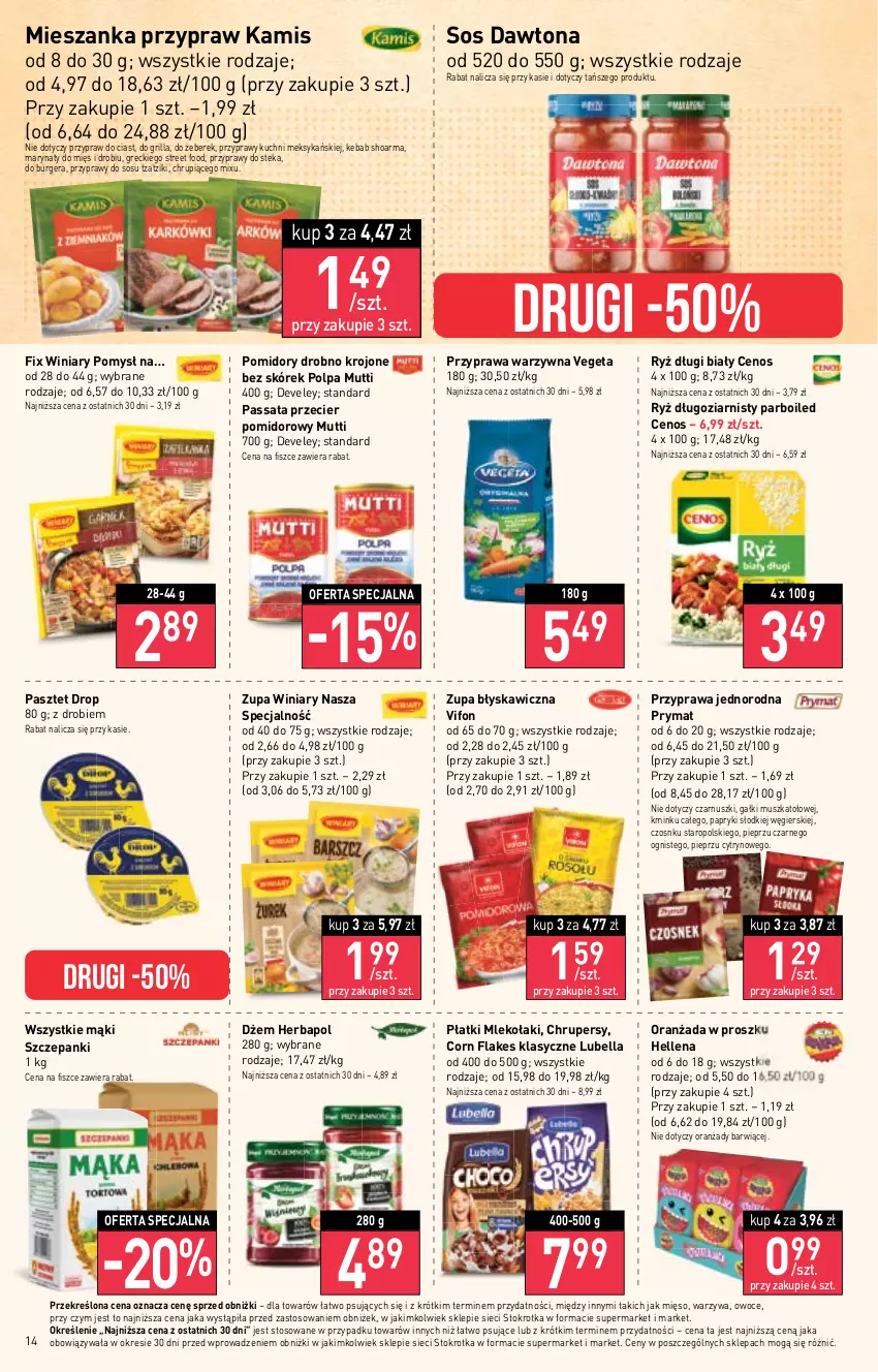 Gazetka promocyjna Stokrotka - Supermarket - ważna 14.09 do 20.09.2023 - strona 20 - produkty: Bell, Bella, Burger, Cenos, Corn flakes, Dawtona, Dżem, Grill, Hellena, Herbapol, Kamis, Kebab, Lubella, Mięso, Mleko, Mus, Oranżada, Owoce, Pasztet, Pieprz, Pomidory, Prymat, Przyprawy, Ryż, Shoarma, Sos, Stek, Vegeta, Warzywa, Winiary, Zupa