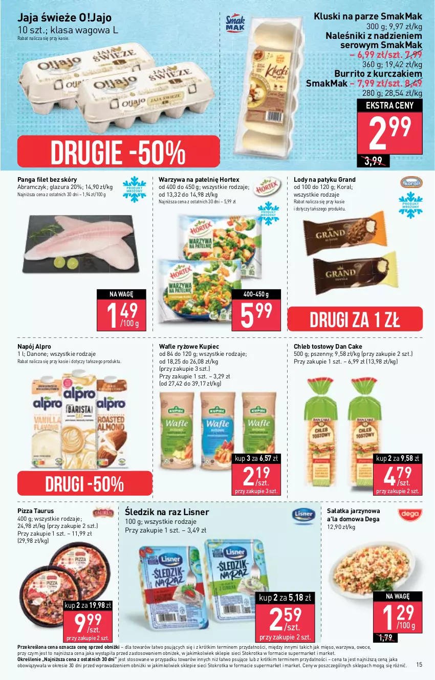 Gazetka promocyjna Stokrotka - Supermarket - ważna 14.09 do 20.09.2023 - strona 21 - produkty: Alpro, Chleb, Chleb tostowy, Dan Cake, Danone, Dega, Glazura, Gra, Hortex, Jaja, Kluski na parze, Kupiec, Kurczak, Lazur, Lisner, Lody, Mięso, Naleśniki, Napój, Owoce, Panga, Piec, Pizza, Ryż, Sałat, Sałatka, Ser, Wafle, Warzywa