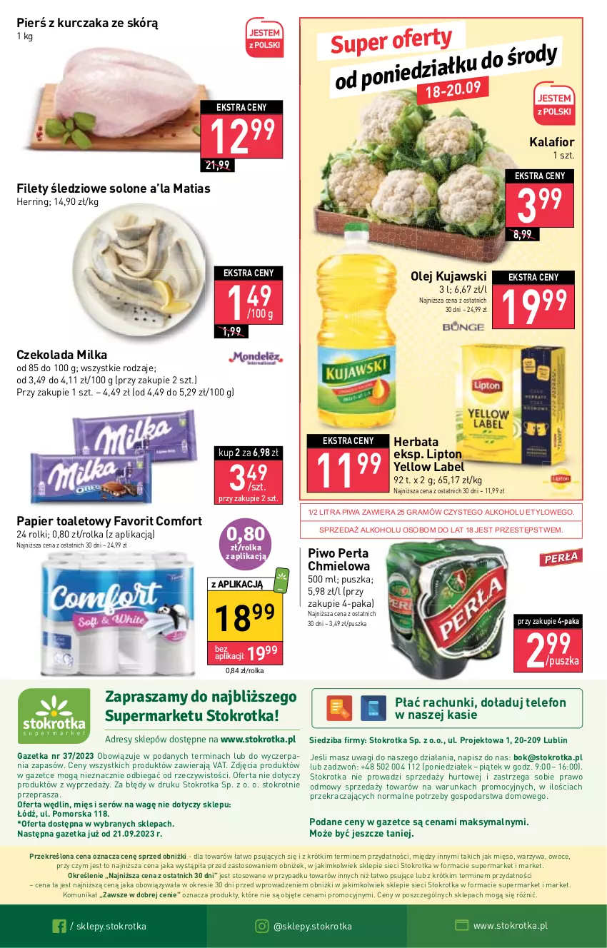 Gazetka promocyjna Stokrotka - Supermarket - ważna 14.09 do 20.09.2023 - strona 26 - produkty: Czekolada, Dres, Fa, Gra, Herbata, JBL, Kalafior, Kujawski, Kurczak, Lipton, Mięso, Milka, O nas, Olej, Owoce, Papier, Papier toaletowy, Perła, Piwa, Piwo, Rolki, Ser, Telefon, Wagi, Warzywa