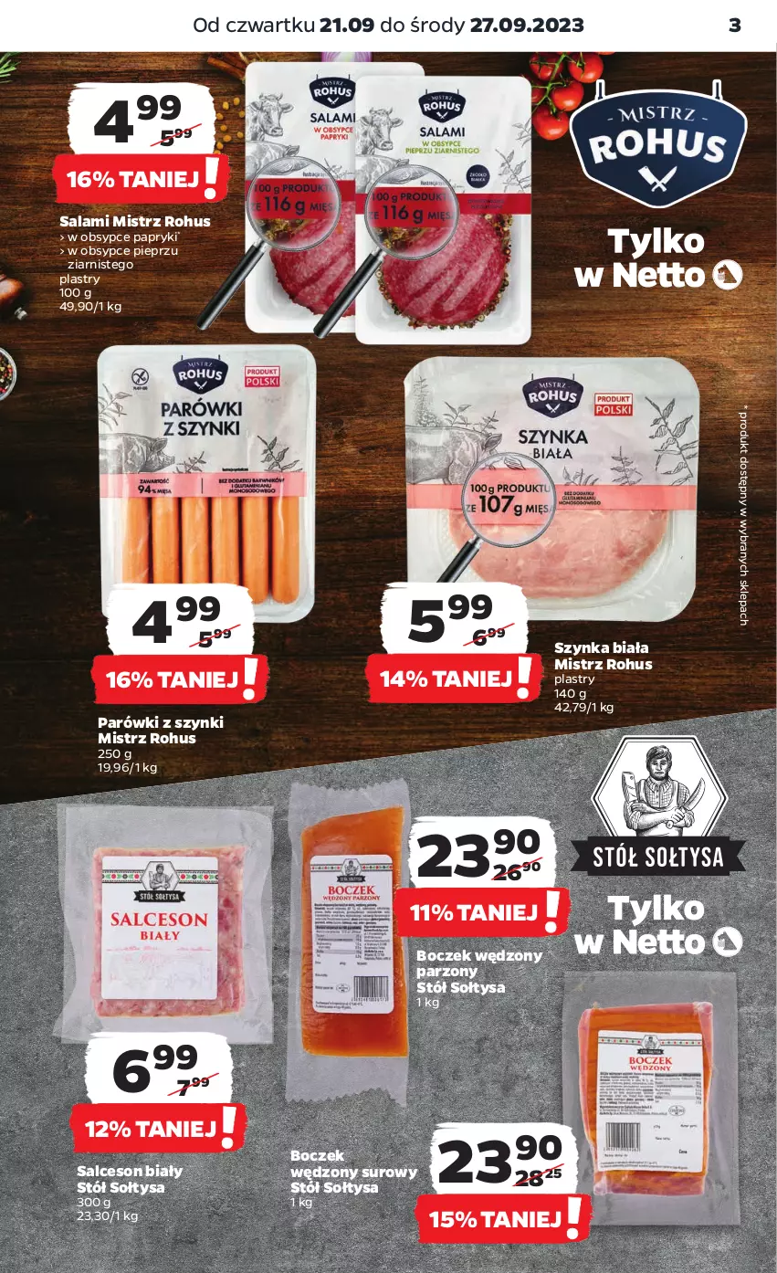 Gazetka promocyjna Netto - Artykuły spożywcze - ważna 21.09 do 27.09.2023 - strona 3 - produkty: Boczek, Parówki, Parówki z szynki, Pieprz, Salami, Salceson, Stół, Szynka, Szynka biała