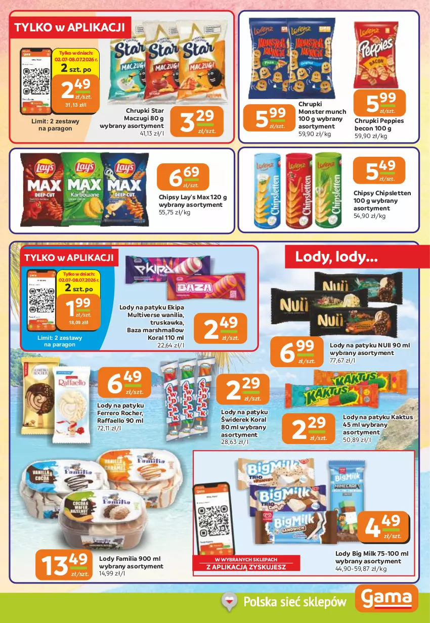 Gazetka promocyjna Gama - Gazetka Gama - ważna 02.07 do 14.07.2026 - strona 5 - produkty: Big Milk, Chipsy, Chrupki, Fa, Ferrero, Ferrero Rocher, Kaktus, Lody, Mars, Monster Munch, Raffaello
