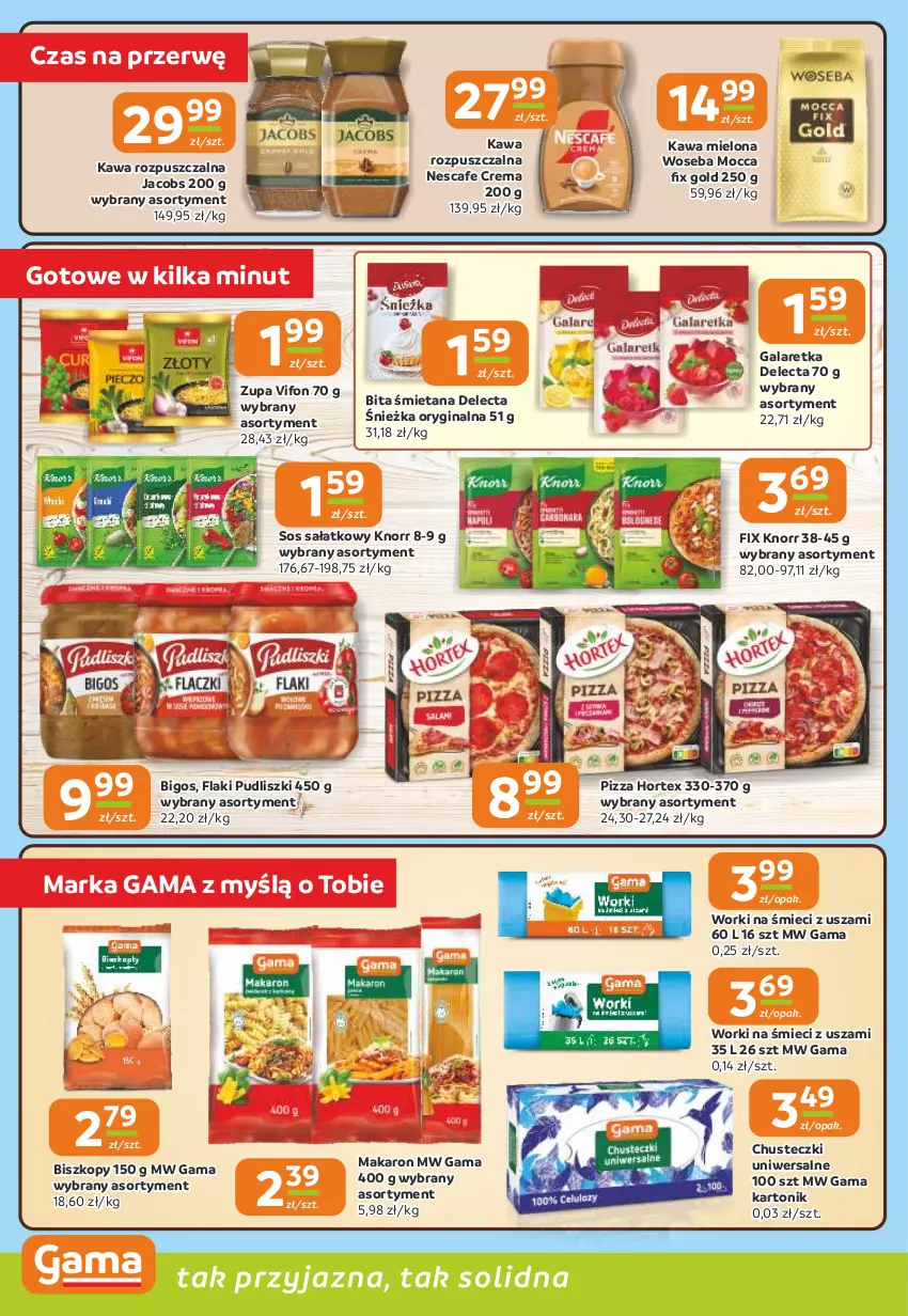 Gazetka promocyjna Gama - Gazetka Gama - ważna 02.07 do 14.07.2026 - strona 6 - produkty: Bigos, Chusteczki, Delecta, Flaki, Gala, Galaretka, Gin, Hortex, Jacobs, Kawa, Kawa mielona, Kawa rozpuszczalna, Knorr, Makaron, Pizza, Pudliszki, Sałat, Sos, Tonik, Worki na śmiec, Worki na śmieci, Woseba, Zupa