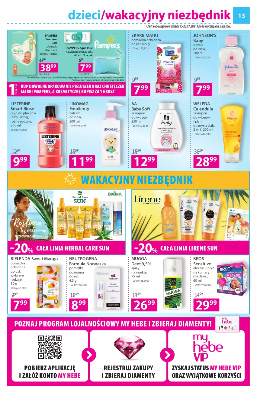 Gazetka promocyjna Hebe - ważna 15.07 do 28.07.2021 - strona 13 - produkty: AA Baby Soft, Balsam do ciała, Bielenda, Chusteczki, Dzieci, Gra, Kosmetyczka, Linomag, Lirene, Listerine, Mango, Neutrogena, Pampers, Płyn do mycia, Płyn do płukania, Płyn do płukania jamy ustnej, Pur, Szampon, Weleda