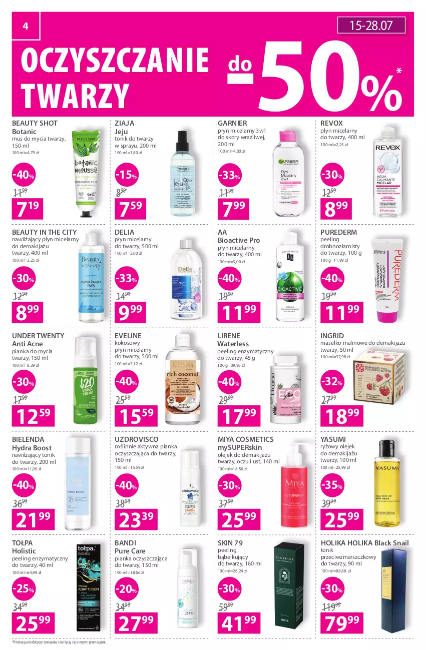 Gazetka promocyjna Hebe - ważna 15.07 do 28.07.2021 - strona 4 - produkty: Bandi, Bielenda, Eveline, Garnier, GRID, Holika Holika, Kokos, Lack, Lirene, Makijaż, Mars, Miya Cosmetics, Mus, Olej, Olejek do demakijażu, Peeling, Pianka do mycia twarzy, Płyn micelarny, Pur, Ryż, Tołpa, Tonik, Tonik do twarzy, Ziaja