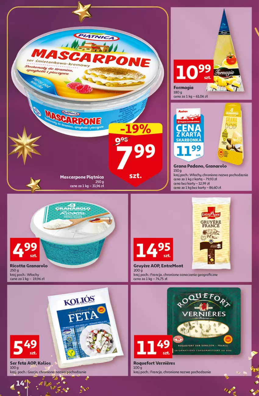 Gazetka promocyjna Auchan - Gazetka Magia Wigilijnego Stołu Auchan Hipermarket - ważna 15.12 do 24.12.2022 - strona 14 - produkty: Feta, Gra, Mascarpone, Piątnica, Ricotta, Roquefort, Ser