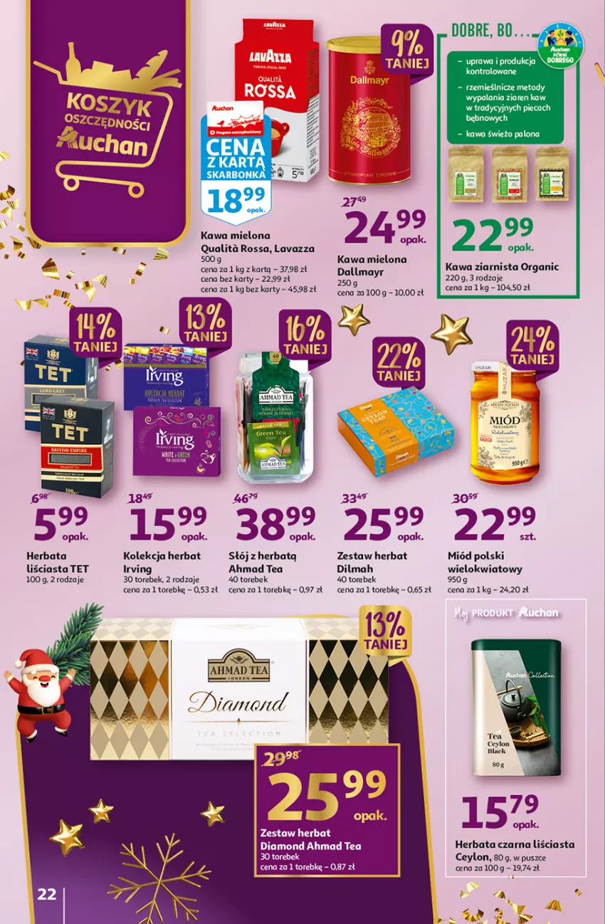 Gazetka promocyjna Auchan - Gazetka Magia Wigilijnego Stołu Auchan Hipermarket - ważna 15.12 do 24.12.2022 - strona 22 - produkty: Dallmayr, Dilmah, Herbata, Herbata czarna, Irving, Kawa, Kawa mielona, Kawa ziarnista, Lack, Lavazza, Miód