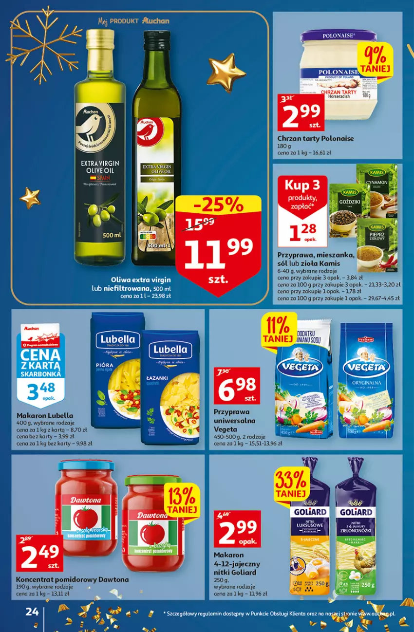 Gazetka promocyjna Auchan - Gazetka Magia Wigilijnego Stołu Auchan Hipermarket - ważna 15.12 do 24.12.2022 - strona 24 - produkty: Bell, Bella, Chrzan, Dawtona, Gin, Goliard, Kamis, Koncentrat pomidorowy, Lubella, Makaron, Przyprawa uniwersalna, Ser, Sól, Vegeta