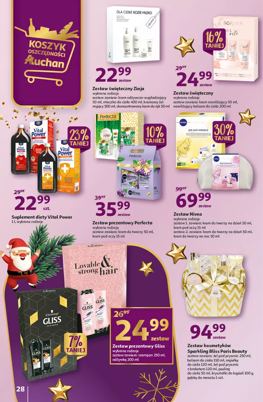 Gazetka promocyjna Auchan - Gazetka Magia Wigilijnego Stołu Auchan Hipermarket - ważna 15.12 do 24.12.2022 - strona 28 - produkty: Balsam do ciała, Krem do rąk, Krem do twarzy, Krem nawilżający, Krem pod oczy, Mleczko, Mleczko do ciała, Mleko, Nawilżający balsam, Peeling, Perfecta, Suplement diety, Szampon, Zestaw prezentowy, Ziaja