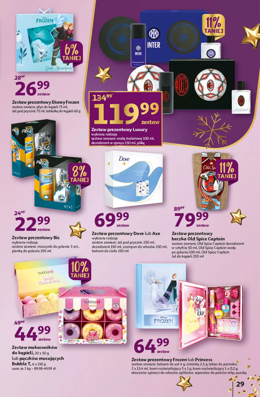 Gazetka promocyjna Auchan - Gazetka Magia Wigilijnego Stołu Auchan Hipermarket - ważna 15.12 do 24.12.2022 - strona 29 - produkty: Balsam do ciała, Balsam do ust, BIC, Dezodorant, Disney, Dove, Frozen, Lakier, Lakier do paznokci, Makaron, Mus, Old Spice, Płyn do kąpieli, Szampon, Tablet, Zestaw prezentowy