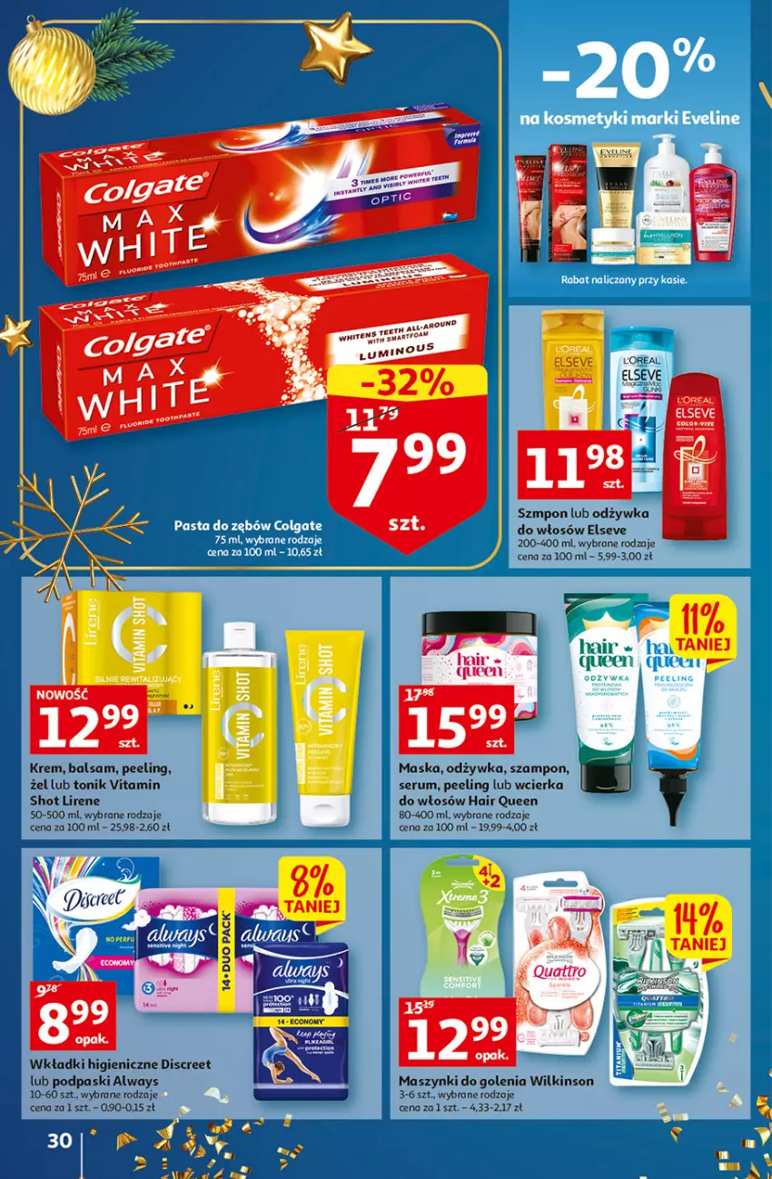 Gazetka promocyjna Auchan - Gazetka Magia Wigilijnego Stołu Auchan Hipermarket - ważna 15.12 do 24.12.2022 - strona 30 - produkty: Always, Discreet, Elseve, Lirene, Maska, Odżywka, Peeling, Podpaski, Rum, Ser, Serum, Szampon, Tonik, Wkładki