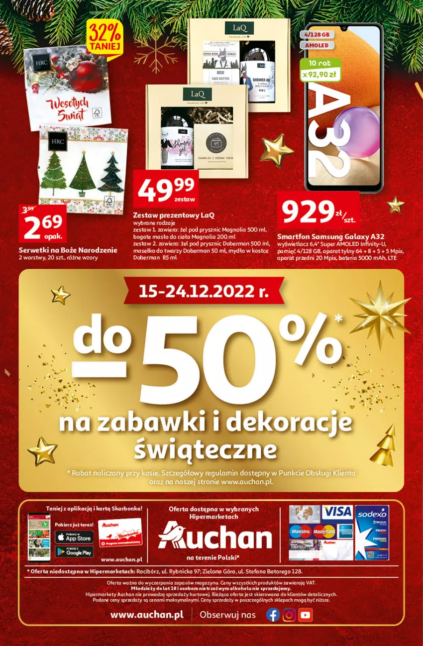 Gazetka promocyjna Auchan - Gazetka Magia Wigilijnego Stołu Auchan Hipermarket - ważna 15.12 do 24.12.2022 - strona 36 - produkty: Amol, Bateria, Gala, LG, Masło, Masło do ciała, Mydło, Samsung, Ser, Serwetki, Smartfon, Zestaw prezentowy