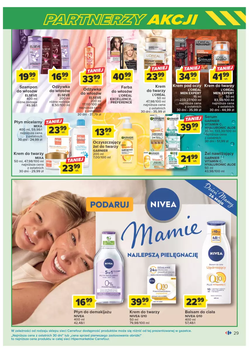 Gazetka promocyjna Carrefour - Gazetka Marki znane i lubiane - ważna 09.05 do 27.05.2023 - strona 29 - produkty: Balsam do ciała, Elseve, Fa, Garnier, Krem do twarzy, Krem pod oczy, Makijaż, Mars, Mixa, Nivea, Nivea Q10, Odżywka, Płyn micelarny, Szampon