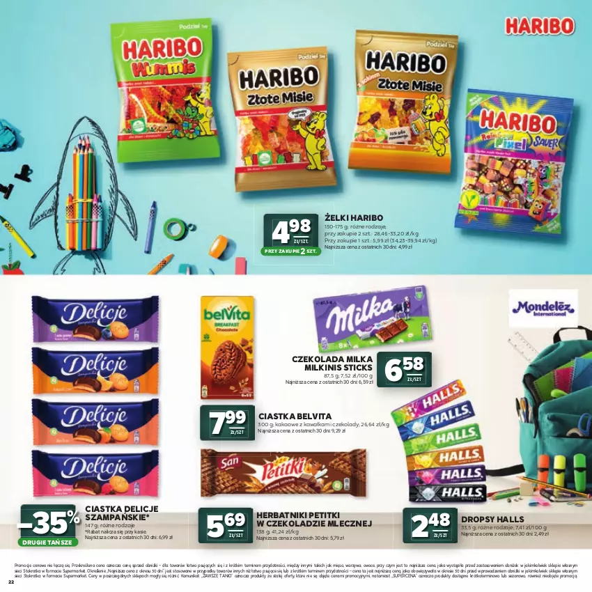 Gazetka promocyjna Stokrotka - Katalog Witaj Szkoło! - ważna 23.07 do 12.08.2026 - strona 22 - produkty: BelVita, Ciastka, Czekolada, Delicje, Halls, Haribo, Herbatniki, Kakao, Kawa, Mięso, Milka, Owoce, Warzywa