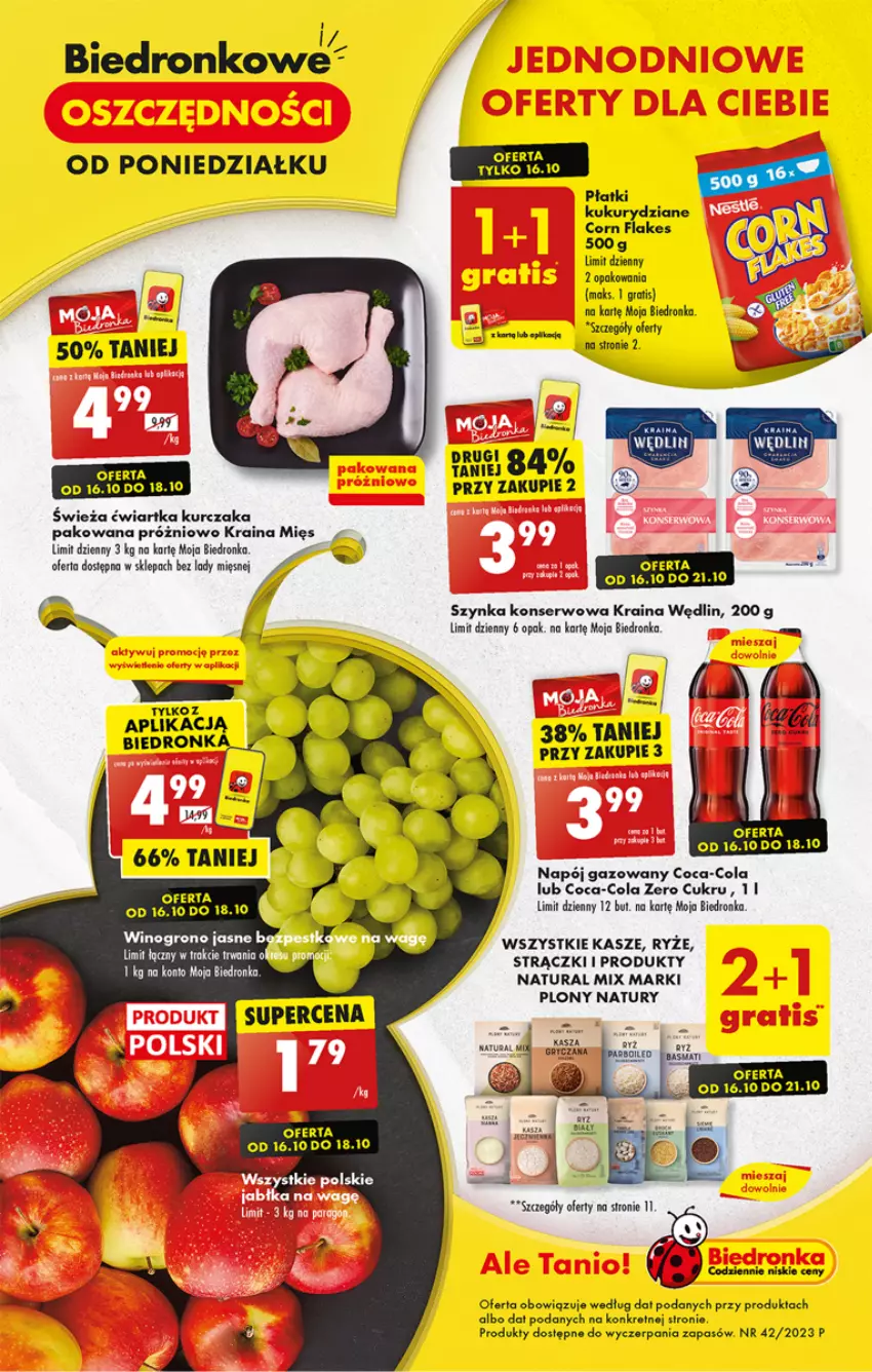 Gazetka promocyjna Biedronka - Od poniedzialku - ważna 16.10 do 21.10.2023 - strona 1 - produkty: Coca-Cola, Corn flakes, Dron, Gra, Gry, Kret, Kurczak, Napój, Napój gazowany, Ryż, Ser, Szynka, Szynka konserwowa