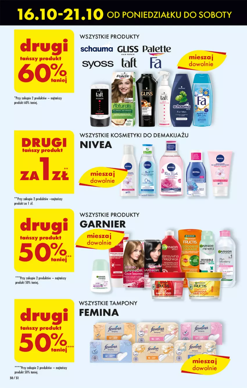 Gazetka promocyjna Biedronka - Od poniedzialku - ważna 16.10 do 21.10.2023 - strona 50 - produkty: Fa, Garnier, Makijaż, Nivea, Palette, Schauma, Syoss, Tampony