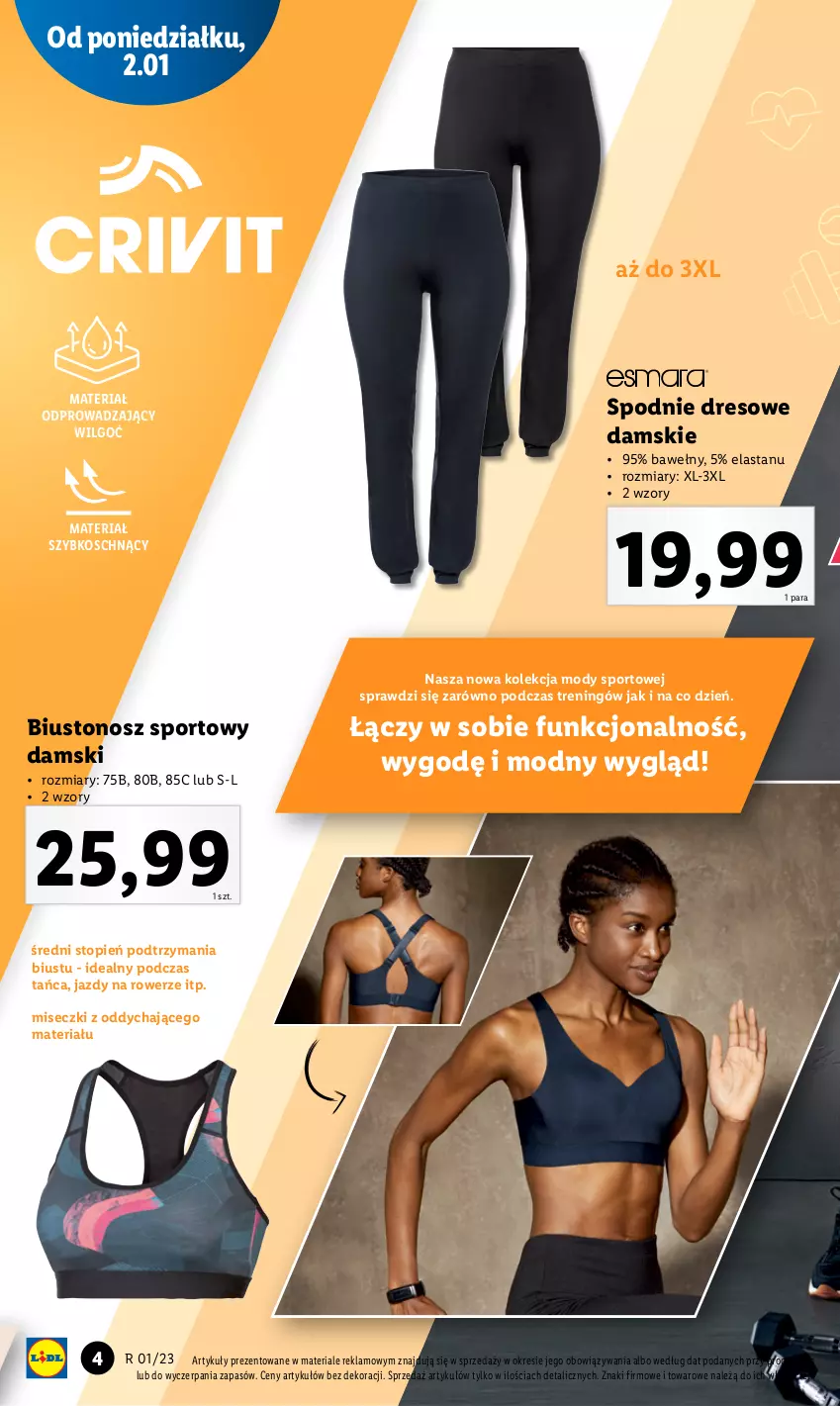 Gazetka promocyjna Lidl - GAZETKA - ważna 02.01 do 07.01.2023 - strona 4 - produkty: Biustonosz, Dres, LG, Por, Rower, Spodnie, Spodnie dresowe, Sport, Top