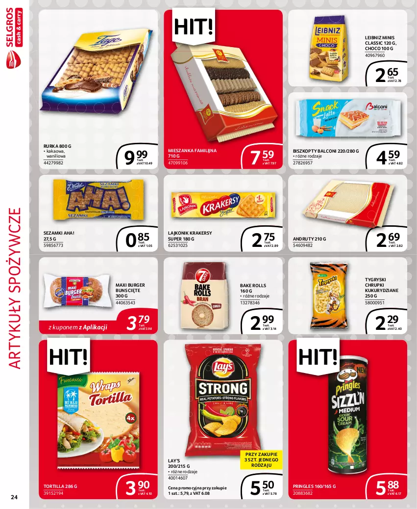 Gazetka promocyjna Selgros - Extra Oferta - ważna 01.09 do 30.09.2021 - strona 24 - produkty: Alcon, Artykuły spożywcze, Bake Rolls, Biszkopty, Burger, Chrupki, Fa, Gry, Kakao, Krakersy, Lajkonik, Lay’s, Pringles, Sezam, Tortilla