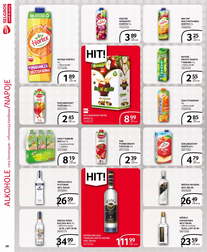 Gazetka promocyjna Selgros - Extra Oferta - ważna 01.09 do 30.09.2021 - strona 28 - produkty: Alkohole, Bols, Fortuna, Hortex, Inka, Kaczka, Napoje, Nektar, Owoce, Sok, Sok jabłkowy, Sok pomidorowy, Tran, Tymbark, Wódka