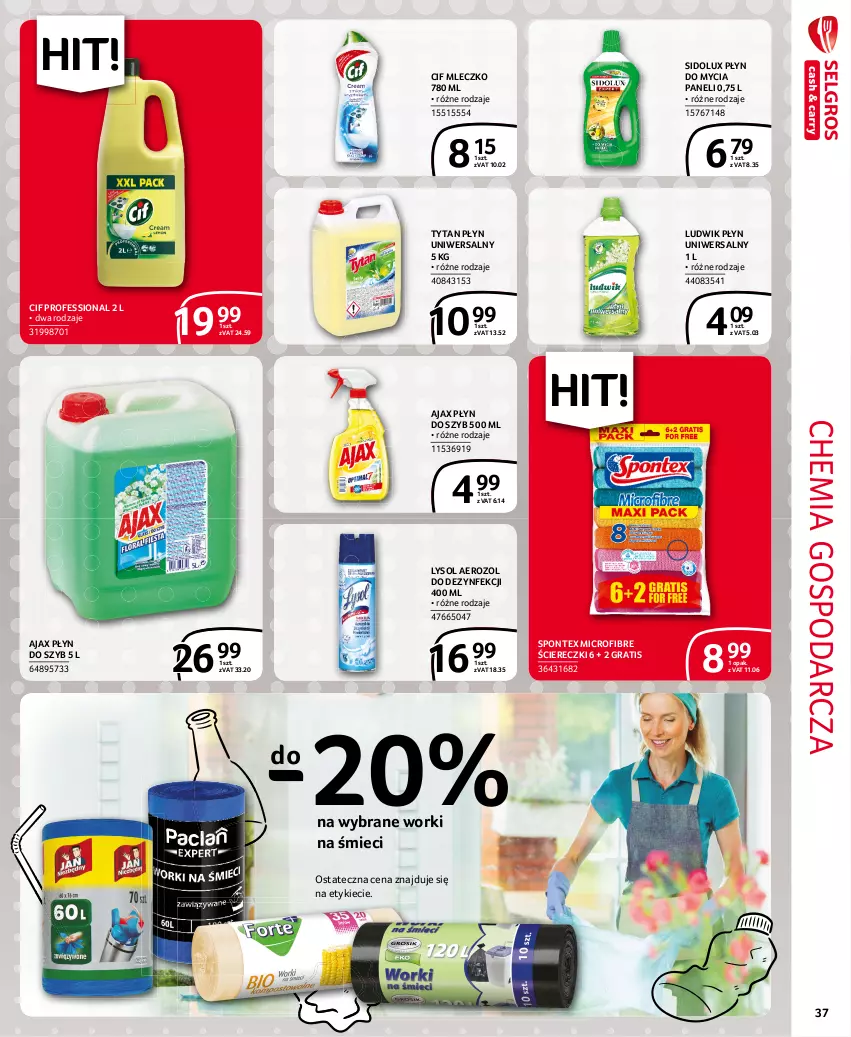 Gazetka promocyjna Selgros - Extra Oferta - ważna 01.09 do 30.09.2021 - strona 37 - produkty: Ajax, Cif, Gra, Ludwik, Lysol, Mleczko, Płyn do mycia, Płyn do mycia paneli, Płyn do szyb, Sidolux, Tytan, Worki na śmiec, Worki na śmieci