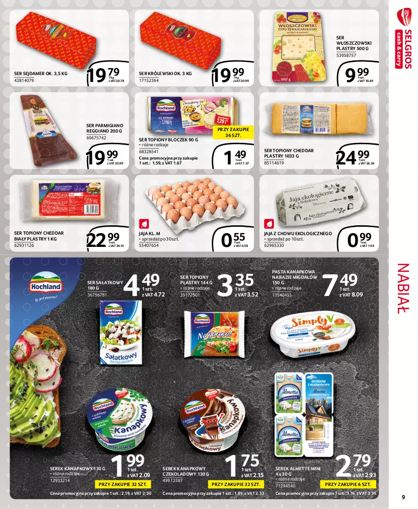 Gazetka promocyjna Selgros - Extra Oferta - ważna 01.09 do 30.09.2021 - strona 9 - produkty: Almette, Cheddar, Jaja, Królewski, Sałat, Sejdamer, Ser, Ser topiony, Serek, Serek kanapkowy, Top, Włoszczowski