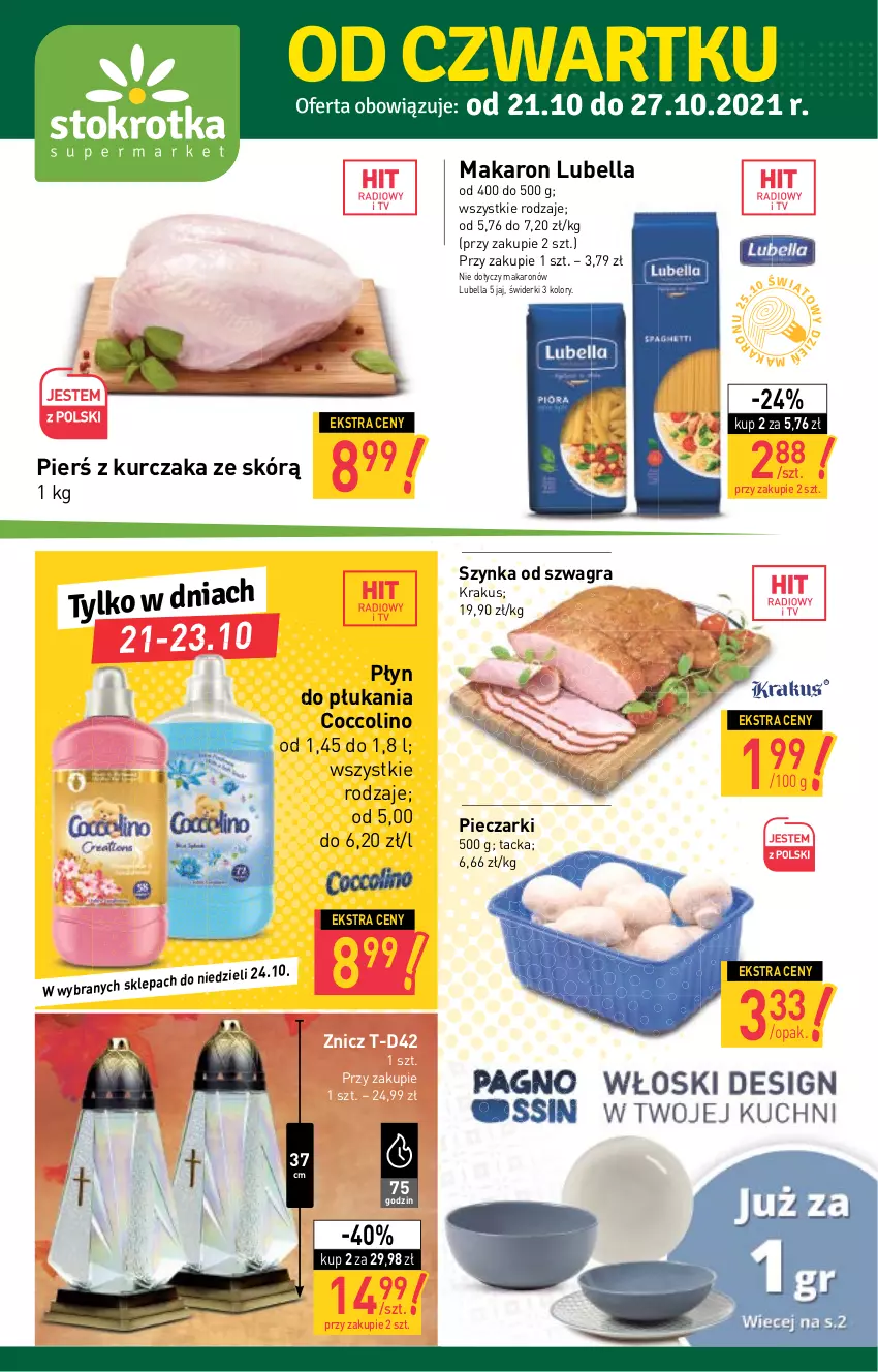 Gazetka promocyjna Stokrotka - Supermarket - ważna 21.10 do 27.10.2021 - strona 1 - produkty: Bell, Bella, Coccolino, Gra, Krakus, Kurczak, Lubella, Makaron, Piec, Płyn do płukania, Szynka, Znicz