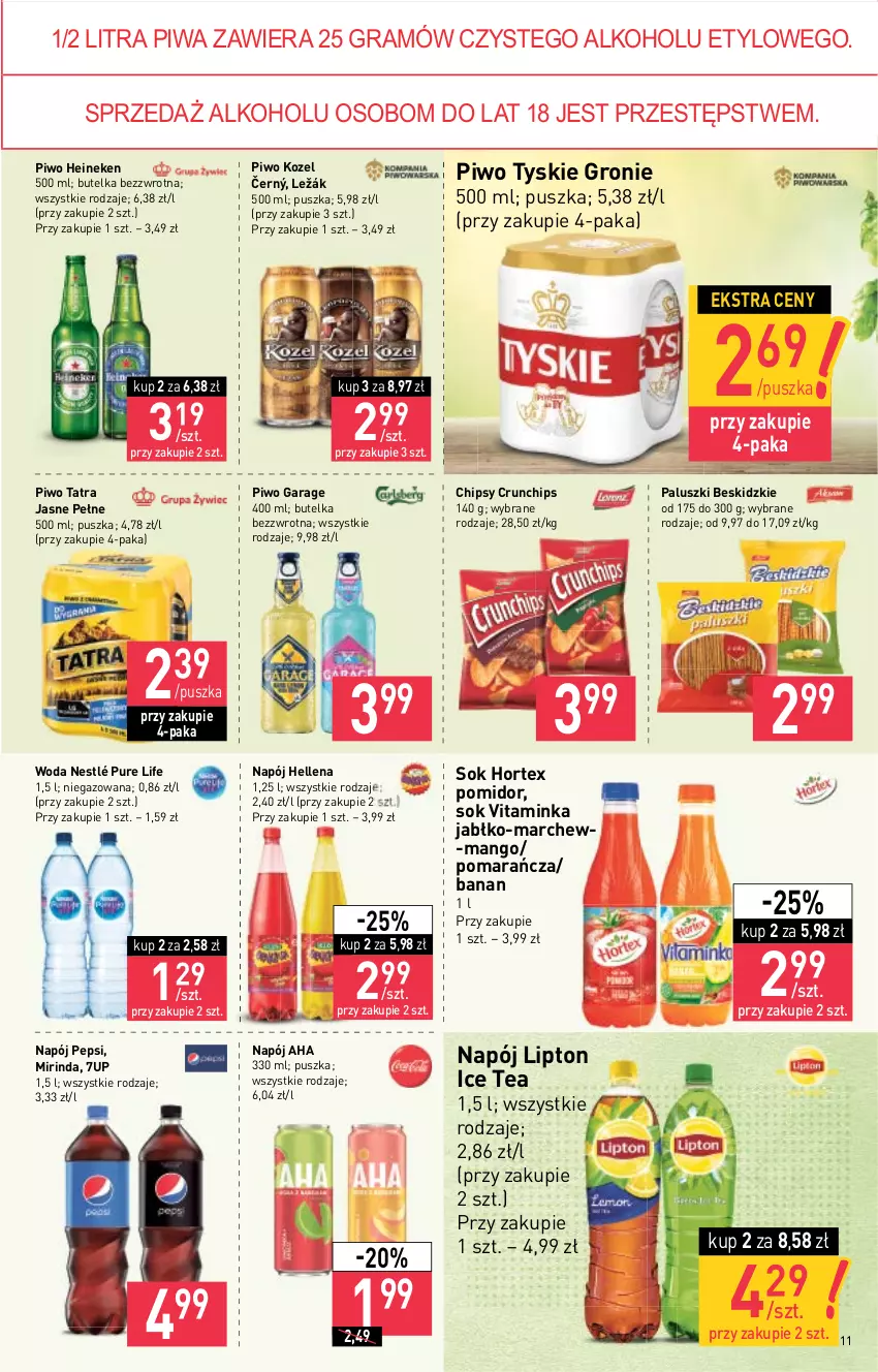 Gazetka promocyjna Stokrotka - Supermarket - ważna 21.10 do 27.10.2021 - strona 11 - produkty: 7up, Beskidzki, Chipsy, Crunchips, Gra, Heineken, Hellena, Hortex, Ice tea, Inka, Kozel, Lipton, Mango, Mirinda, Napój, Nestlé, Pepsi, Piwa, Piwo, Pur, Sok, Tatra, Tyskie, Woda