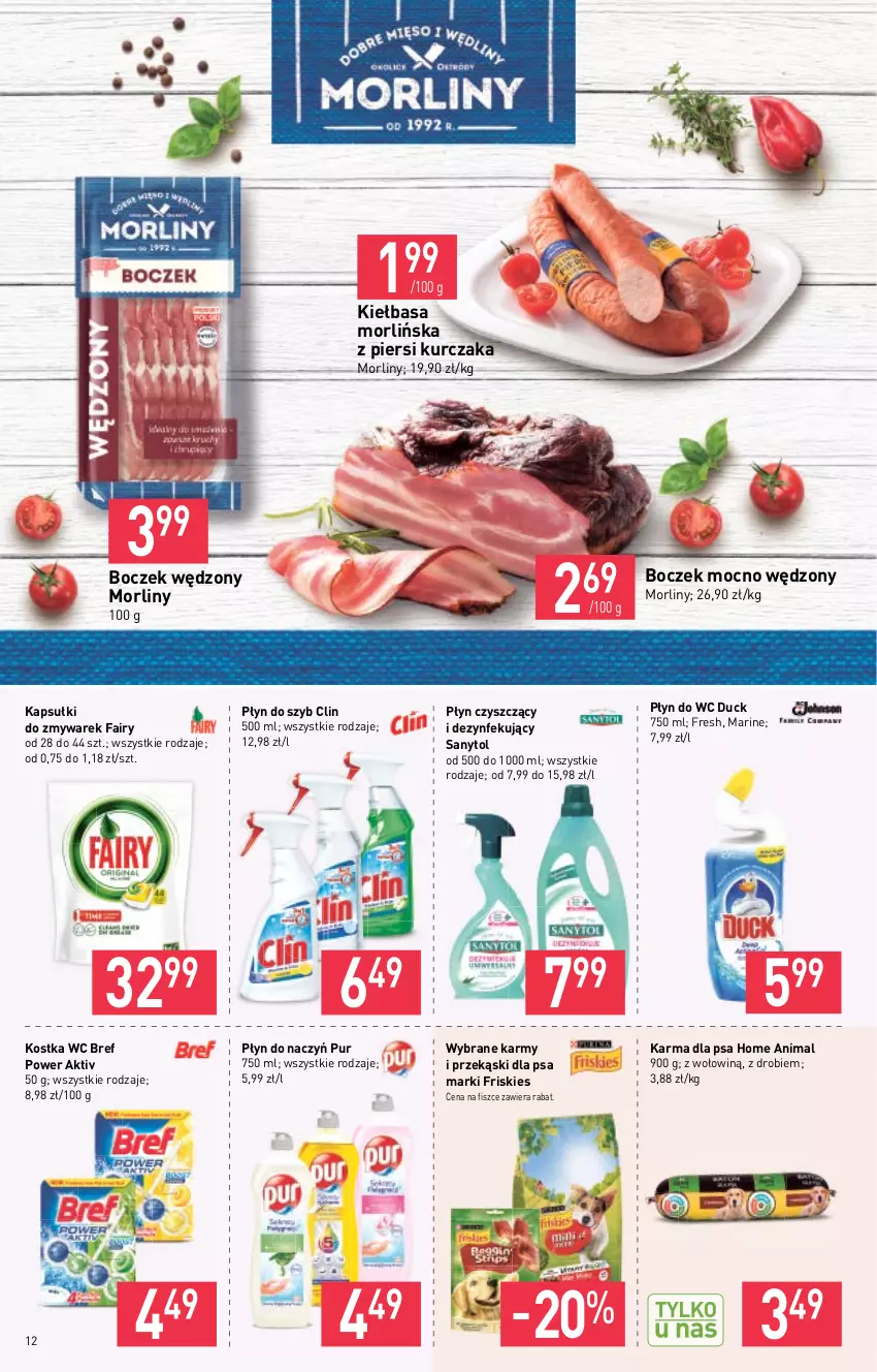 Gazetka promocyjna Stokrotka - Supermarket - ważna 21.10 do 27.10.2021 - strona 12 - produkty: Boczek, Bref, Clin, Duck, Fa, Fairy, Friskies, Kiełbasa, Kurczak, Morliny, Płyn do szyb, Płyn do wc, Przekąski dla psa, Pur, Sanytol