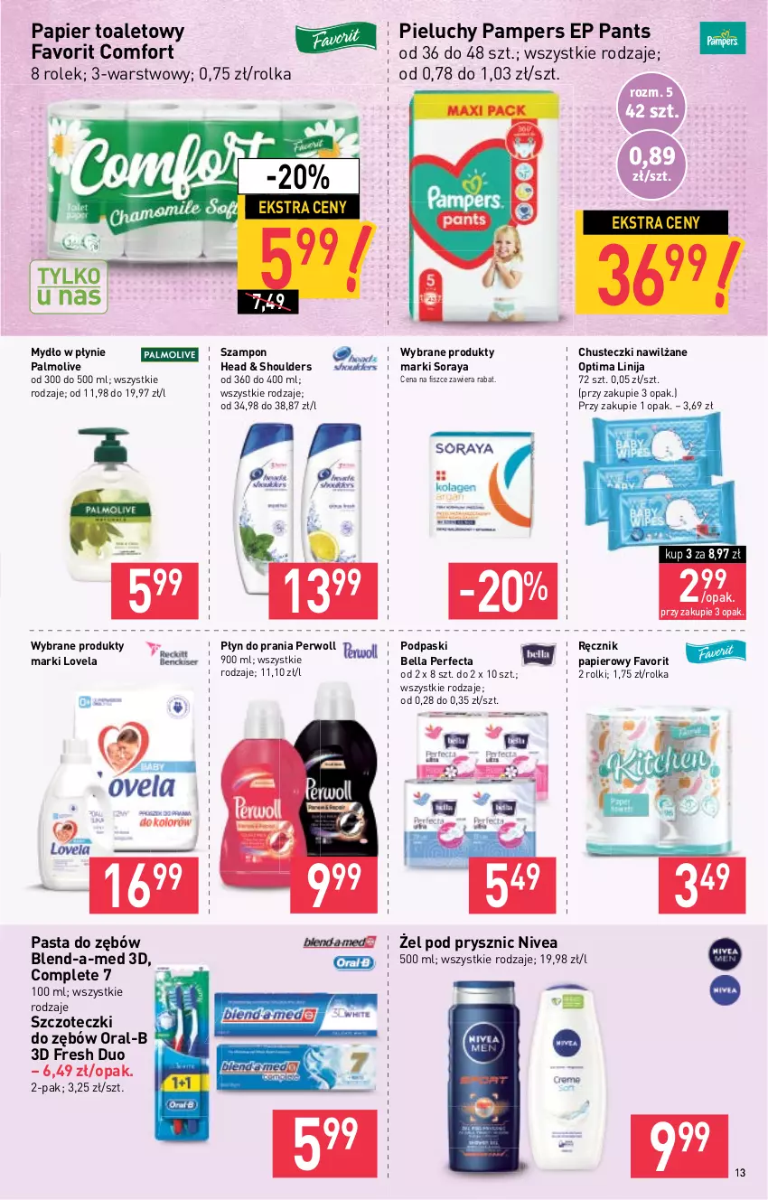 Gazetka promocyjna Stokrotka - Supermarket - ważna 21.10 do 27.10.2021 - strona 13 - produkty: Bell, Bella, Blend-a-Med, Chusteczki, Fa, Lovela, Mydło, Mydło w płynie, Nivea, Optima, Palmolive, Pampers, Papier, Papier toaletowy, Pasta do zębów, Perfecta, Perwoll, Pieluchy, Płyn do prania, Podpaski, Ręcznik, Rolki, Szampon