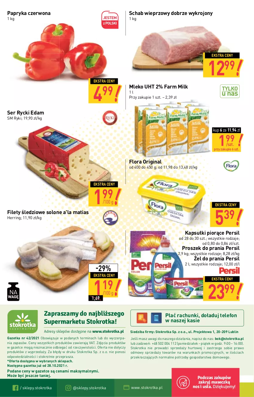 Gazetka promocyjna Stokrotka - Supermarket - ważna 21.10 do 27.10.2021 - strona 16 - produkty: Dres, Edam, Fa, Farm Milk, Flora, Gin, JBL, Mleko, O nas, Papryka, Papryka czerwona, Persil, Proszek do prania, Rycki Edam, Schab wieprzowy, Ser, Telefon, Wagi