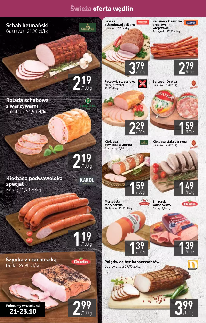 Gazetka promocyjna Stokrotka - Supermarket - ważna 21.10 do 27.10.2021 - strona 4 - produkty: Duda, Gra, Kabanos, Kiełbasa, Kiełbasa biała, Kiełbasa podwawelska, NOWAK, Olewnik, Polędwica, Rolada, Salceson, Ser, Sok, Sokołów, Sos, Szynka, Tarczyński, Warzywa, Wawel