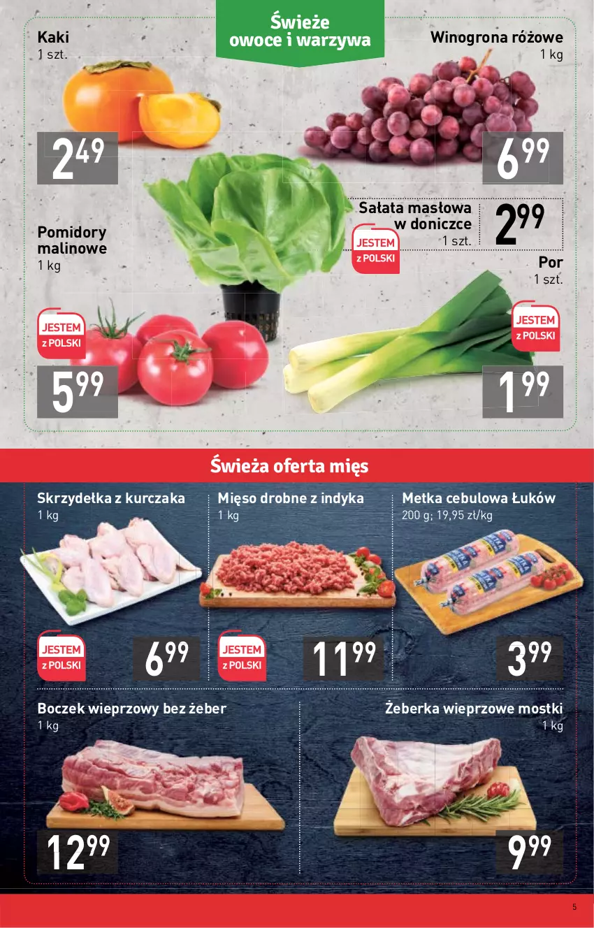 Gazetka promocyjna Stokrotka - Supermarket - ważna 21.10 do 27.10.2021 - strona 5 - produkty: Boczek, Boczek wieprzowy, Kaki, Kurczak, Masło, Mięso, Owoce, Pomidory, Por, Sałat, Sałata masłowa, Skrzydełka z kurczaka, Warzywa, Wino, Winogrona