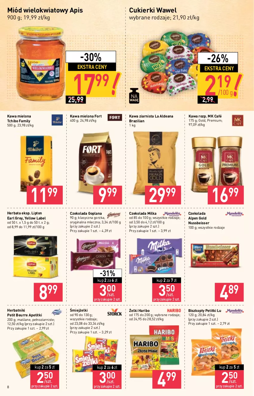 Gazetka promocyjna Stokrotka - Supermarket - ważna 21.10 do 27.10.2021 - strona 8 - produkty: Biszkopty, Cukier, Cukierki, Czekolada, Earl Grey, Fa, Gin, Goplana, Haribo, Herbata, Herbatniki, Herbatniki Petit Beurre, Kawa, Kawa mielona, Kawa ziarnista, LANA, Lipton, Milka, Miód, Ser, Tchibo, Tchibo Family, Wawel