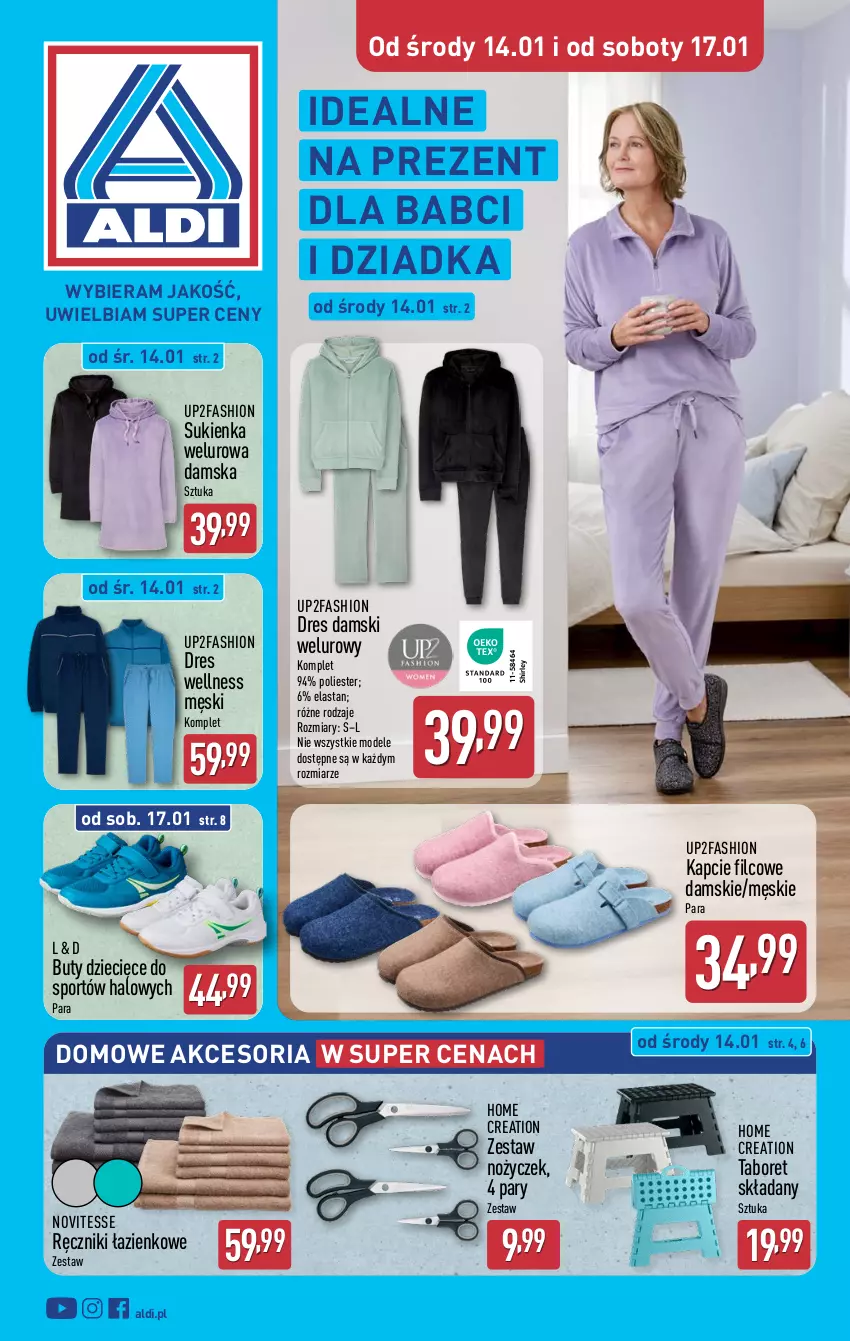 Gazetka promocyjna Aldi - Artykuły przemysłowe i tekstylia - ważna 14.01 do 17.01.2026 - strona 1 - produkty: Buty, Dres, Dzieci, Fa, Halo, Kapcie, Noż, Por, Ręcznik, Sport, Sukienka, Taboret, Taboret składany