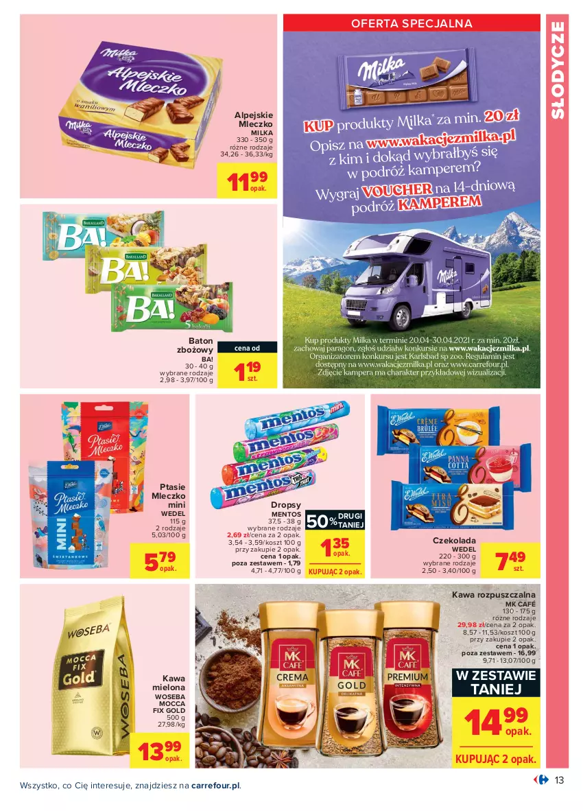 Gazetka promocyjna Carrefour - Gazetka Carrefour - ważna 19.04 do 30.04.2021 - strona 13 - produkty: Ba!, Baton, Czekolada, Kawa, Kawa mielona, Kawa rozpuszczalna, Kosz, Mentos, Milka, Mleczko, Mocca Fix Gold, Ptasie mleczko, Woseba