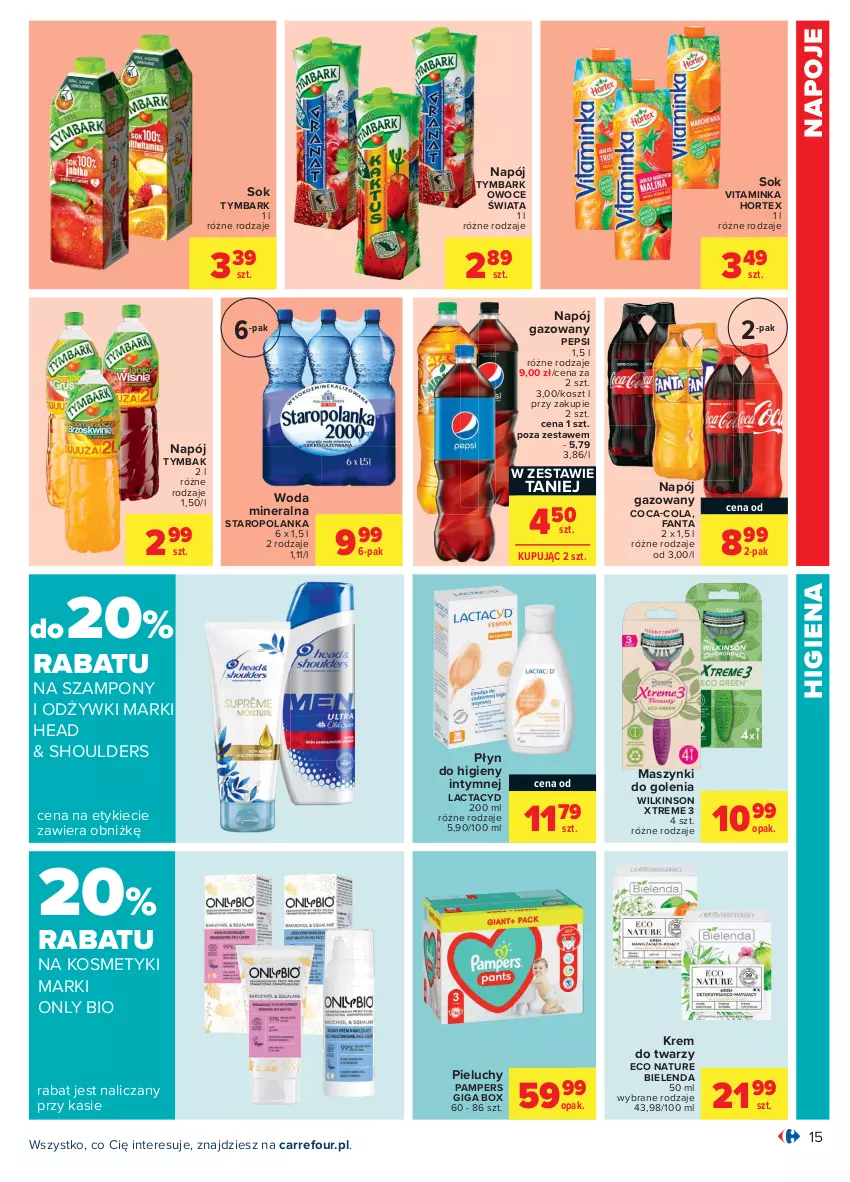 Gazetka promocyjna Carrefour - Gazetka Carrefour - ważna 19.04 do 30.04.2021 - strona 15 - produkty: Bielenda, Coca-Cola, Fa, Fanta, Hortex, Inka, Kosz, Krem do twarzy, Lactacyd, Napój, Napój gazowany, Napoje, Owoce, Pampers, Pepsi, Pieluchy, Płyn do higieny intymnej, Sok, Staropolanka, Szampon, Tymbark, Woda, Woda mineralna