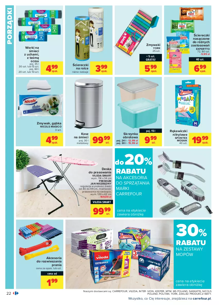 Gazetka promocyjna Carrefour - Gazetka Carrefour - ważna 19.04 do 30.04.2021 - strona 22 - produkty: Deska do prasowania, Gra, Jan Niezbędny, Kosz, Mop, Nicols, Por, Sok, Vileda, Worki na śmiec, Worki na śmieci