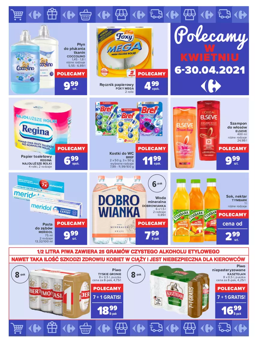 Gazetka promocyjna Carrefour - Gazetka Carrefour - ważna 19.04 do 30.04.2021 - strona 38 - produkty: Bref, Coccolino, Dobrowianka, Elseve, Foxy, Gin, Gra, Kasztelan, Nektar, Papier, Papier toaletowy, Pasta do zębów, Piec, Piwa, Piwo, Płyn do płukania, Ręcznik, Rolki, Sok, Szampon, Tymbark, Tyskie, Woda, Woda mineralna