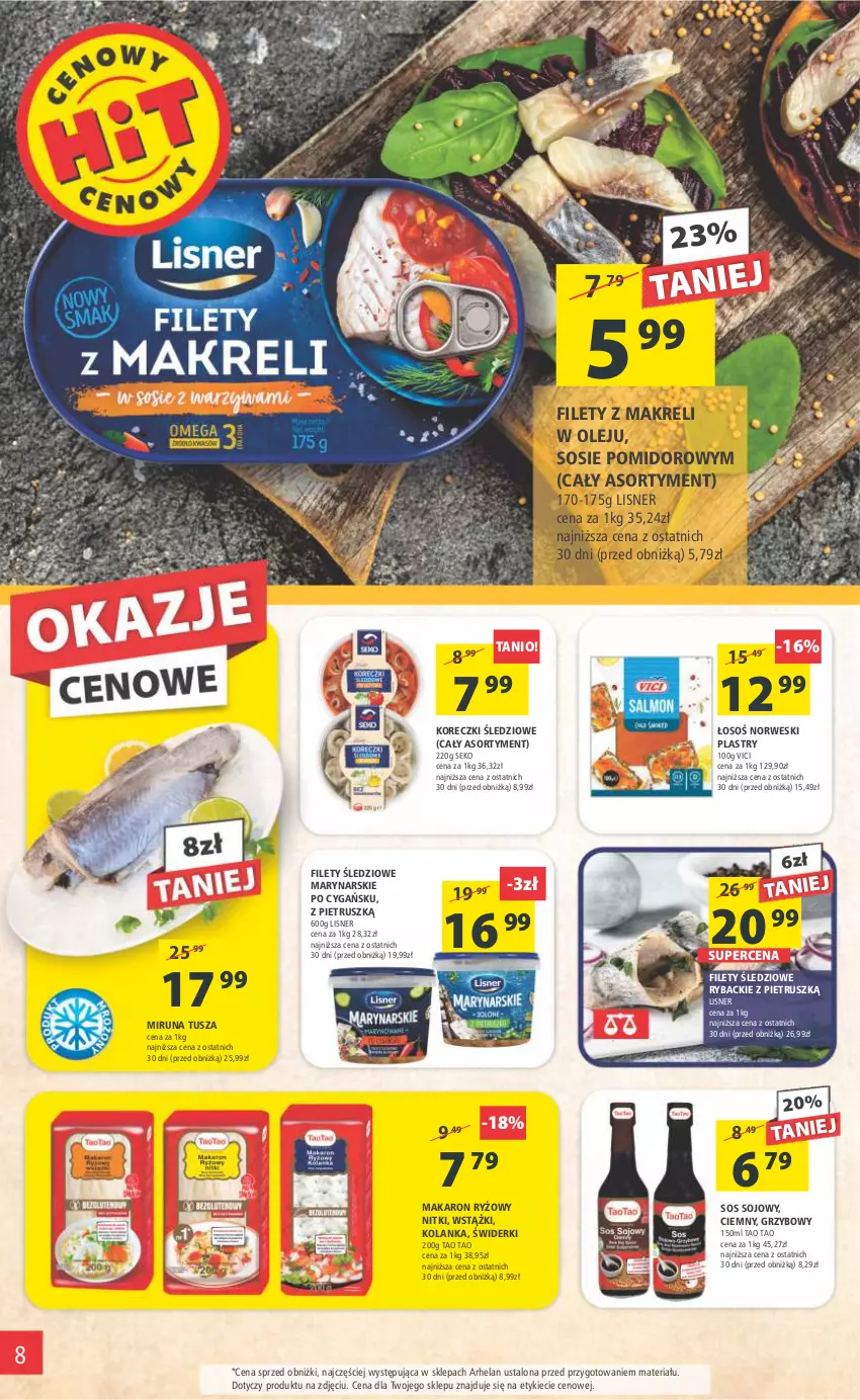 Gazetka promocyjna Arhelan - Gazetka - ważna 24.02 do 05.03.2023 - strona 8 - produkty: Koreczki śledziowe, Lisner, Makaron, Makaron ryżowy, Miruna, Olej, Ryba, Ryż, SEKO, Sos, Sos sojowy, Tusz