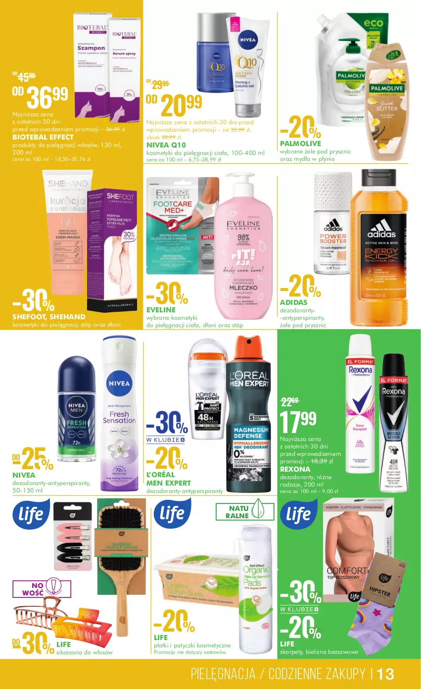 Gazetka promocyjna Super Pharm - Gazetka - ważna 29.06 do 12.07.2023 - strona 13 - produkty: Adidas, Antyperspirant, Bielizna, BIOTEBAL, Dezodorant, Eveline, Karp, Kosmetyki do pielęgnacji, L’Oréal, Nivea, Nivea Q10, Olej, Palmolive, Patyczki kosmetyczne, Rexona