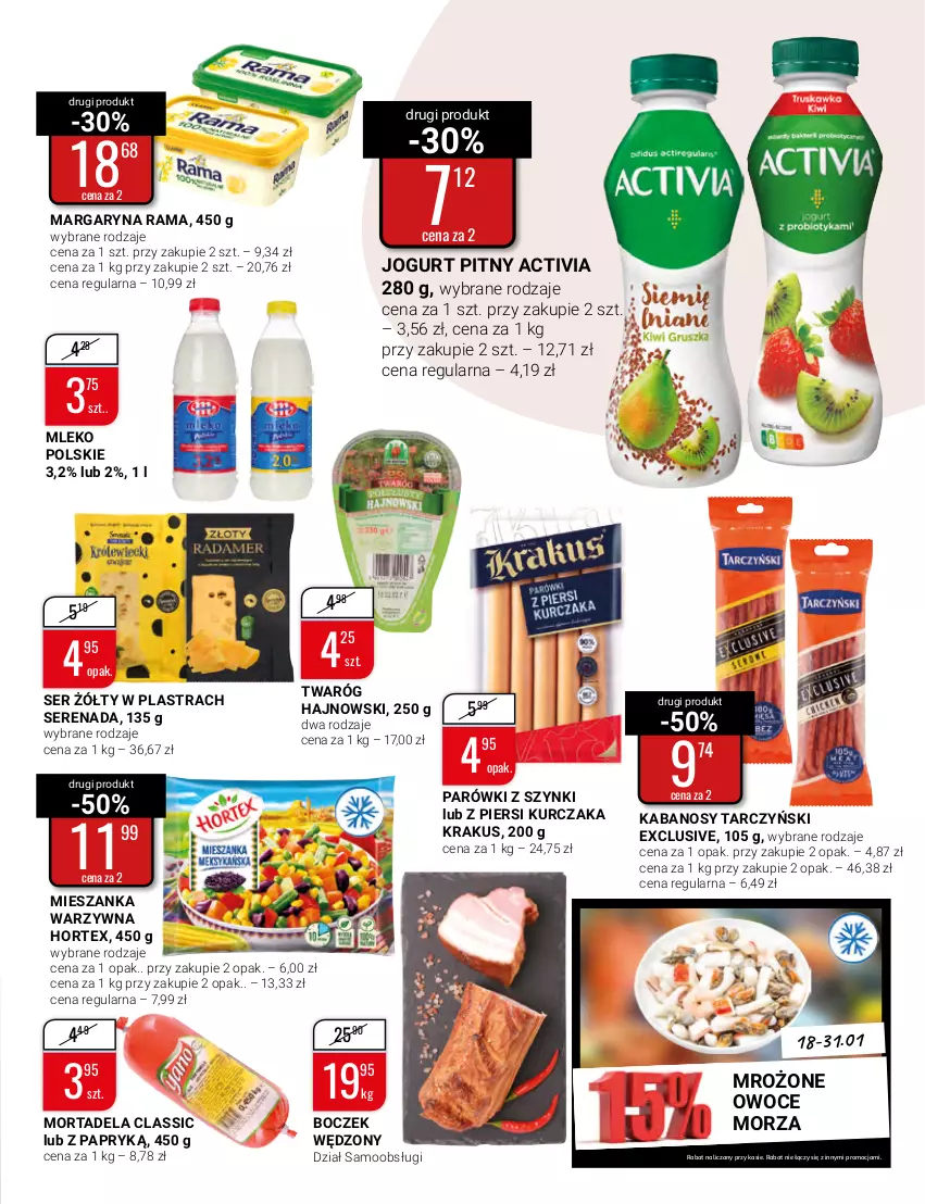 Gazetka promocyjna Bi1 - MegaPaki - ważna 18.01 do 31.01.2023 - strona 11 - produkty: Activia, Boczek, Hortex, Jogurt, Jogurt pitny, Kabanos, Krakus, Kurczak, Margaryna, Mieszanka warzyw, Mleko, Owoce, Owoce morza, Parówki, Parówki z szynki, Rama, Ser, Tarczyński, Twaróg